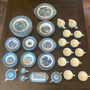 Antique Currier & Ives Bone China collection. 63 piece set.